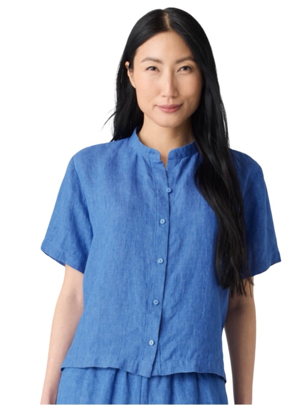 Eileen Fisher Organic Linen Band Collar Shirt Size Medium Ultramarine Blue